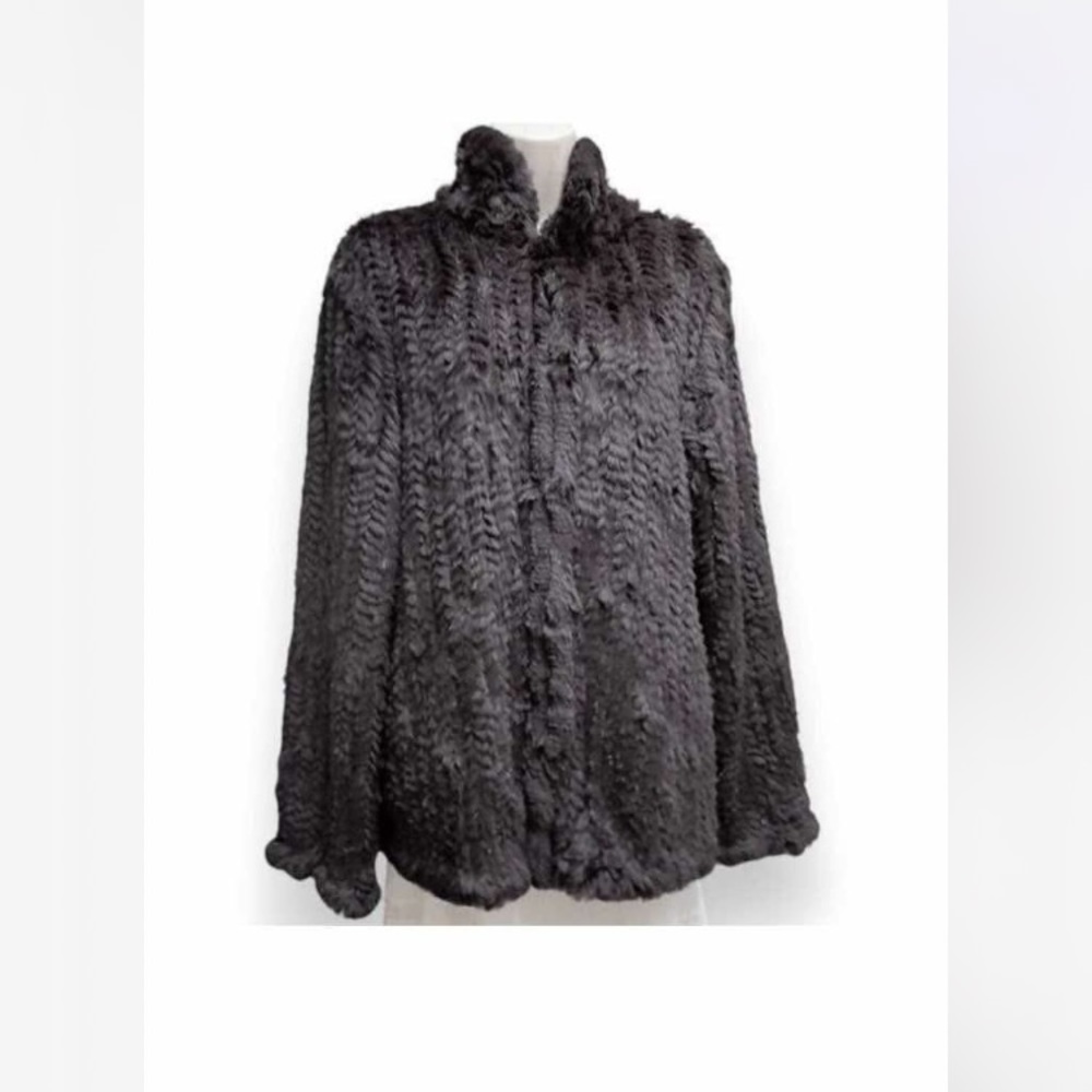 COPY - Vintage Soft Warm Knit Rabbit Fur Jacket Small Grey Black 1990s Y2K Swea…